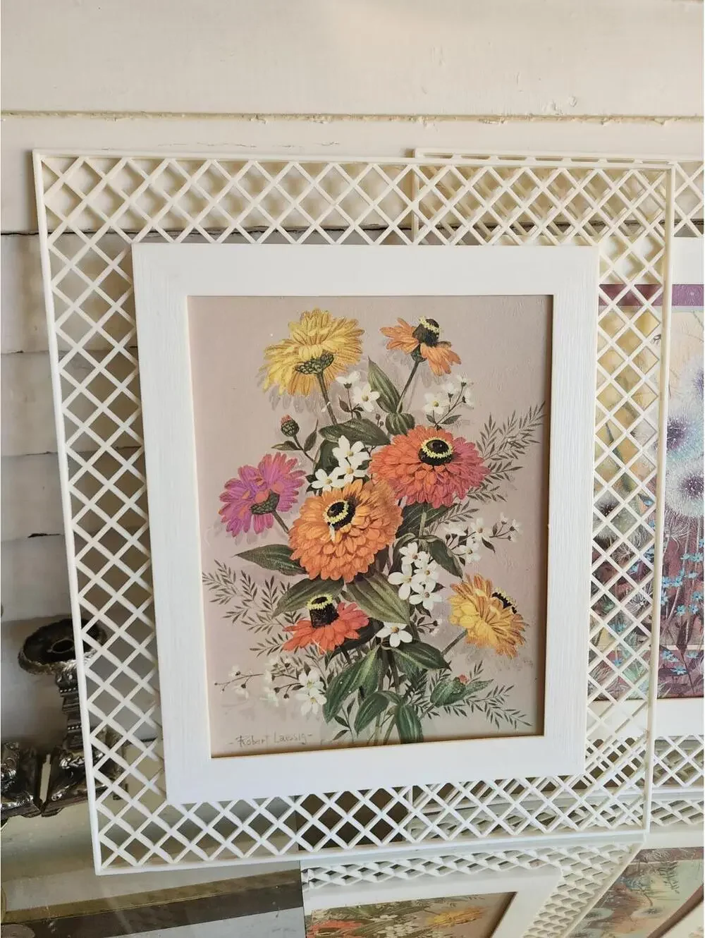 Vintage Framed Retro Floral Lithographs in Plastic Lattice Style Frames